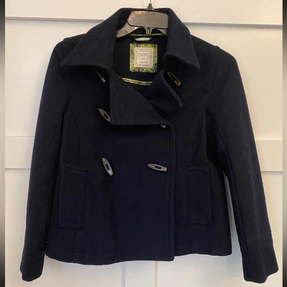 Old Navy Wool Pea‎ Coat Womens Navy Blue Jacket Shark Tooth Buttons Size Small